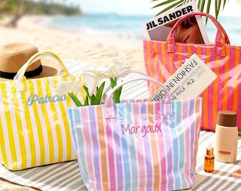 Personalized Waterproof PVC Beach/Pool Tote Bag, Embroidered Striped PVC Handbag for Summer Vacation Travel, Girls Trip Gift,Bridesmaid Gift