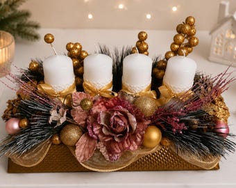 Handmade Advent Candle Centerpiece, Dusty Pink Gold Christmas Decor, 32cm Table Arrangement