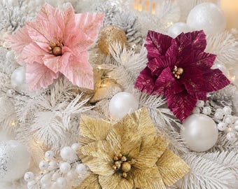 Set di 3/6 fiori di stella di Natale in carta crespa, rosa, bordeaux e oro per albero di Natale (12 cm)