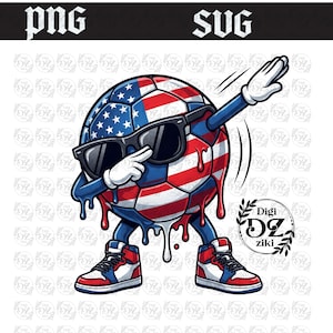 May include: A cartoon soccer ball with an American flag design, wearing sunglasses and sneakers. The ball is dabbing with one arm raised. The design includes the text "PNG" and "SVG".