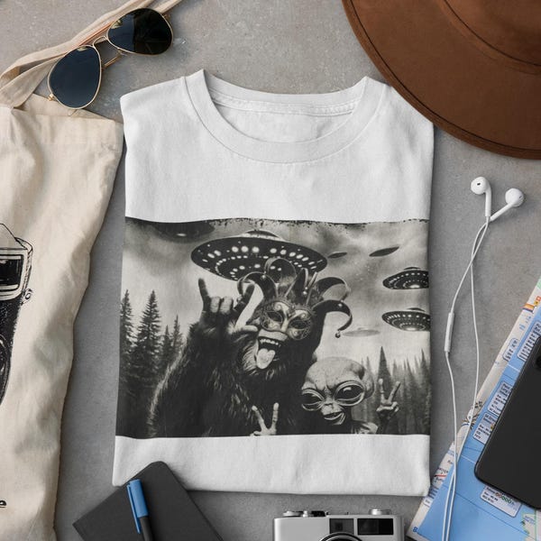 Mardi gras Bigfoot & Alien Selfie png funny crocodile Sasquatch shirt (Digital Download)