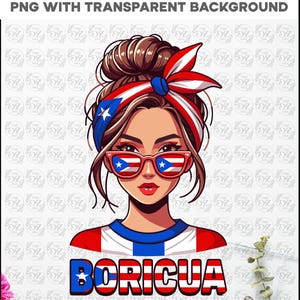 Puede incluir: Ilustración digital de una mujer con el pelo recogido en un moño, que lleva una diadema y gafas de sol, ambas con los colores de la bandera de Puerto Rico. La palabra "BORICUA" se muestra en negrita en la parte inferior, también con los colores de la bandera.