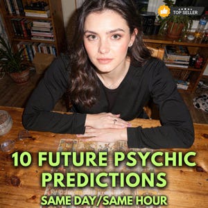 Può includere: Una donna con una camicia nera a maniche lunghe è seduta a un tavolo di legno. Il testo sul tavolo recita "10 FUTURE PSYCHIC PREDICTIONS" e "SAME DAY/SAME HOUR". C'è un distintivo "TOP SELLER" in alto a destra. In sottofondo si vedono librerie e piante.
