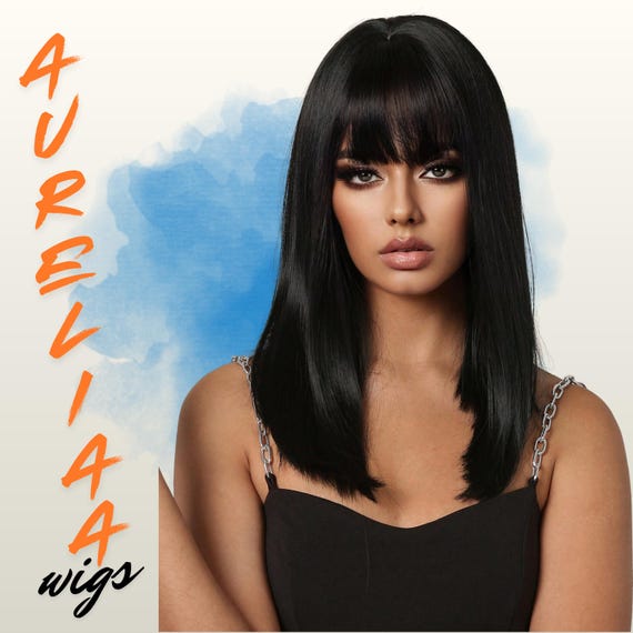 Natural Black Straight Wig With Bangs – 16 Inch Heat  display picture 1