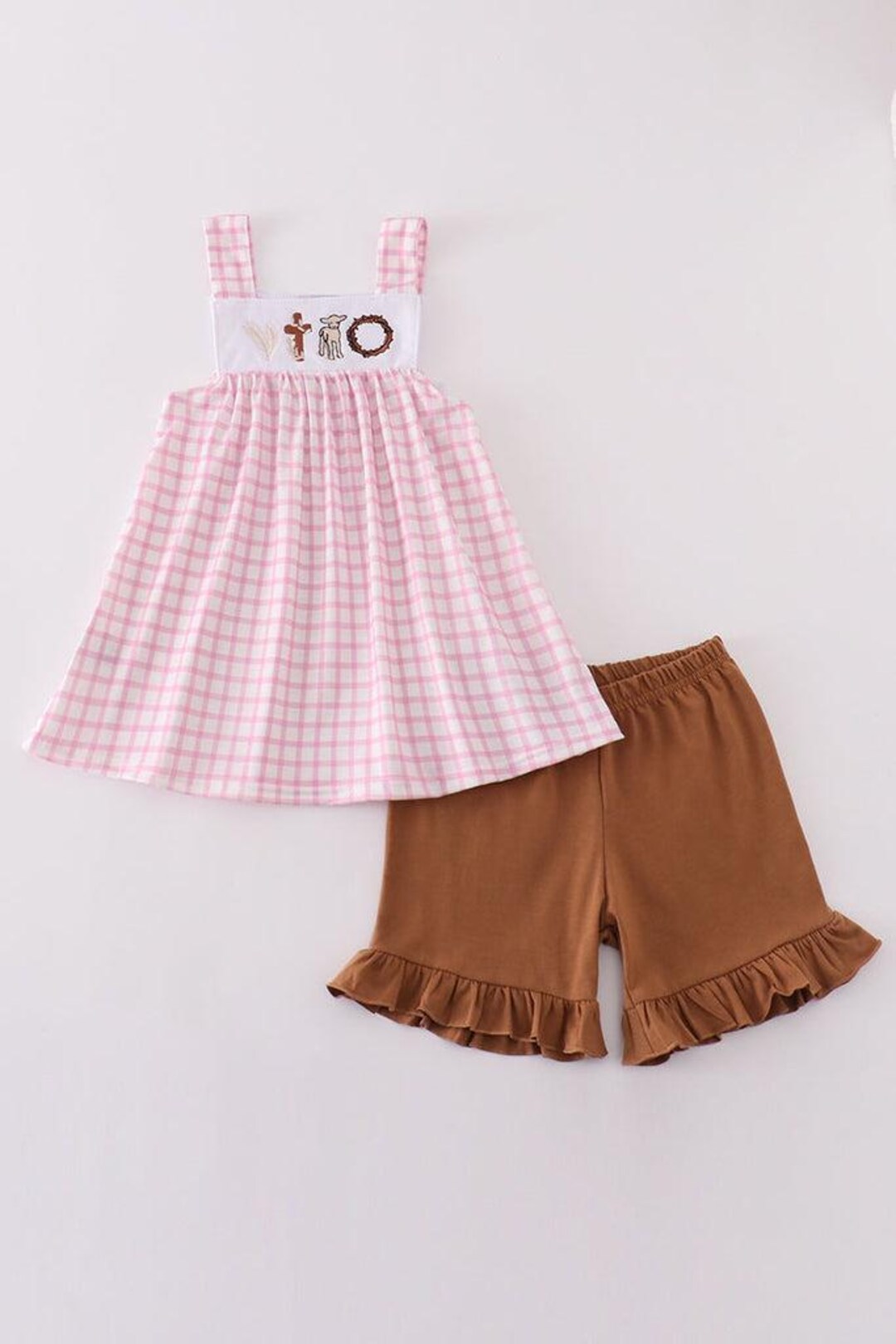 Pink Gingham Cross and Lamb Embroidery Easter Girl Outfit Set - Etsy