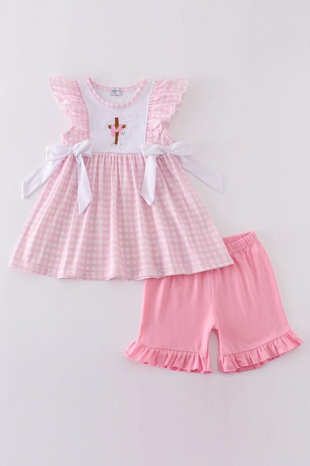 Pink Gingham Bow Lamb and Cross Embroidery Easter Girl Outfit Set - Etsy