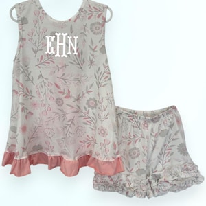 Pink and Gray Floral Swing Back Girls Outfit Set with Bow | Personalization Available