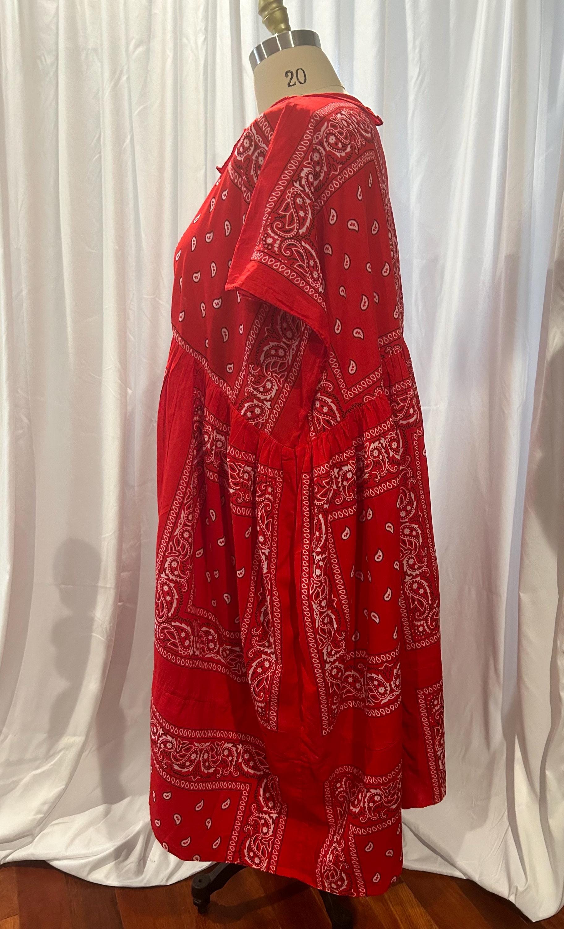 plus size red bandana dress Plus Size Handmade Red Bandana Dress-100% Cotton, Short Dolman Sleeve, V  Neck Opening, Mid Calf Length-fits Sizes 2X-5X