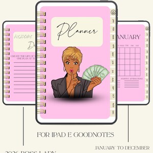 Pode incluir: Agenda digital para iPad e Goodnotes, com uma capa rosa com a palavra "Planner" e uma ilustração pop art de uma mulher segurando dinheiro. Inclui páginas de calendário mensais e o texto "2026 Boss Lady".