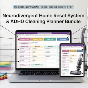Può includere: Un laptop e un tablet mostrano un foglio di calcolo colorato etichettato "Dashboard" come parte di un "Neurodivergent Home Reset System & ADHD Cleaning Planner Bundle". L'immagine include icone per attività, pulizia e liste di controllo.