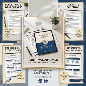 Può includere: Un pacchetto di benvenuto digitale con il testo "OFFICINA DIGITALE CLIENT WELCOME PACK". L'immagine include documenti, un tablet, una penna e una piccola pianta in vaso. È visibile anche il testo "EDITABLE IN CANVA & PRINTABLE PDF".