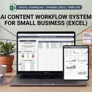 Può includere: Un laptop e un tablet mostrano un sistema di flusso di lavoro dei contenuti AI per le piccole imprese. L'immagine include sezioni numerate come "Dashboard", "Business Setup" e "Repurposing Engine". Il testo "Download digitale - Modello Excel dinamico" è visibile.