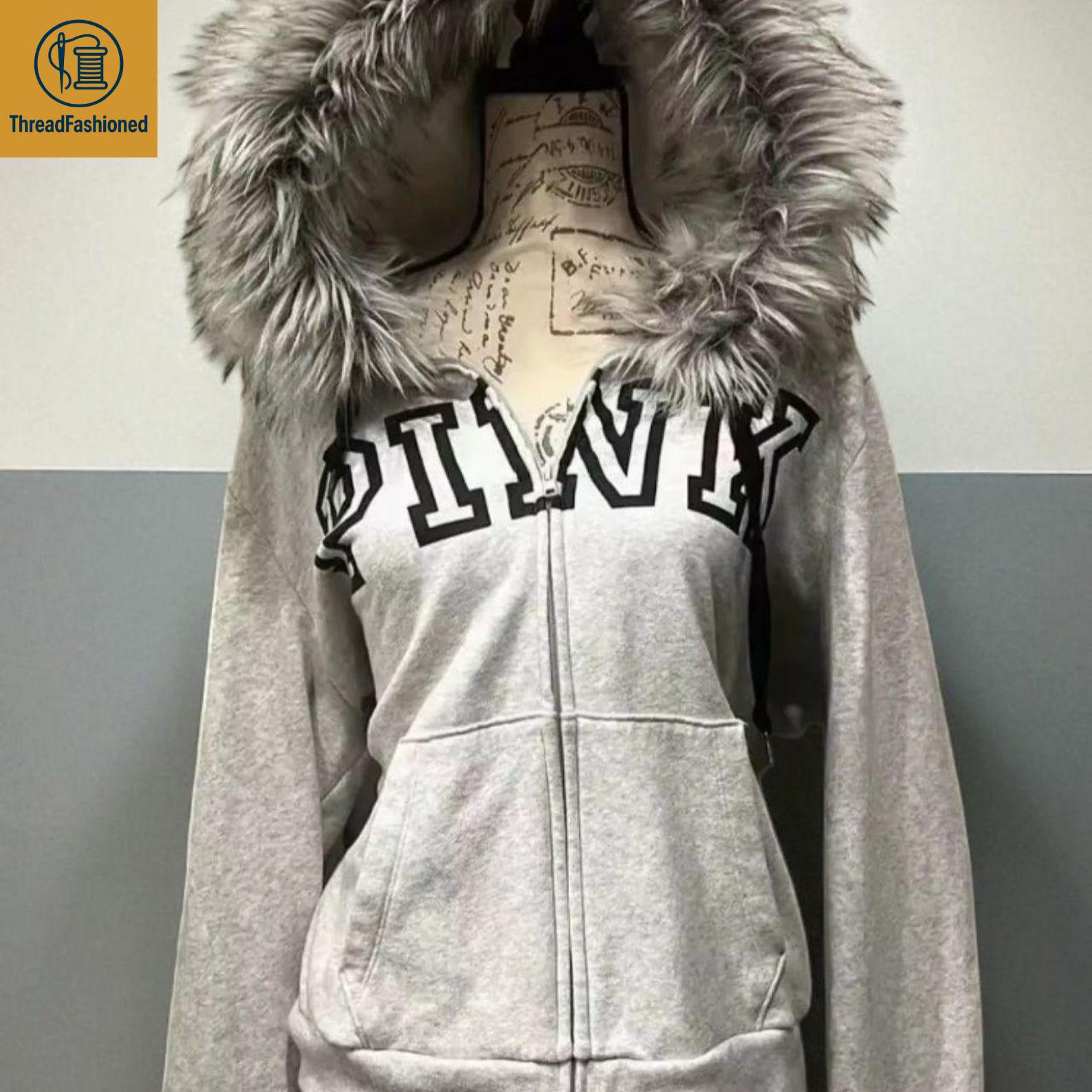 Fur Trimming Hooded Zip-Up Melange Gray Fur Trimming Hooded Zip-Up