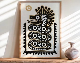 Quetzalcoatl Print, Traditional Mexican Folk Art, Aztec Serpent Wall Decor, Indigenous Latin Mythology Poster, Mexico Tribal Snake Gift