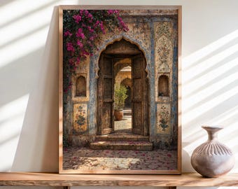 Türbild einer Rajasthani Haveli, Dekoration im Stil indischer Architektur, Wandbild des blauen Jaipur-Palastes, Vintage-Poster zur Mogul-Kultur, Antiker Bogendruck