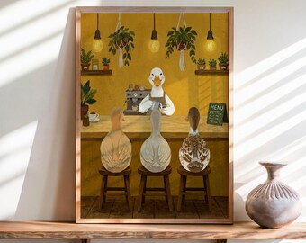 Duck Cafe Art Print, Funny Kitchen Wall Decor, Whimsical Coffee Bar Poster, Pet Coffee Shop Illustration, Cozy Animal Ducks Barista Gift