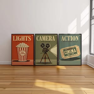 Cinema Wall Art Set of 3, Retro Movie Poster Triptych, Vintage Film Decor, Classic Theater Room Prints, Mid Century Home Theater Posters