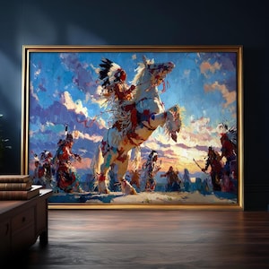 Puede incluir: Pintura enmarcada que representa figuras nativas americanas, incluido un jinete sobre un caballo blanco encabritado, contra un atardecer. La obra presenta figuras con vestimenta tradicional. La pintura está en un marco dorado.