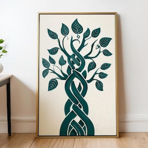 May include: A framed teal tree art print. The artwork features a stylized tree with intertwined trunk and branches, adorned with leaves. The background is a cream color with a subtle pattern, and the frame is gold.