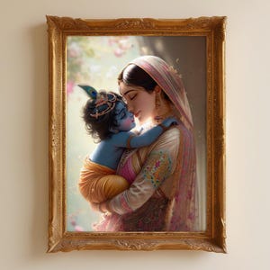 May include: A framed artwork depicts a woman in traditional attire cradling a blue-skinned child. The child wears a crown and holds a peacock feather. The woman's clothing features pink and gold accents, and the frame is ornate gold.
