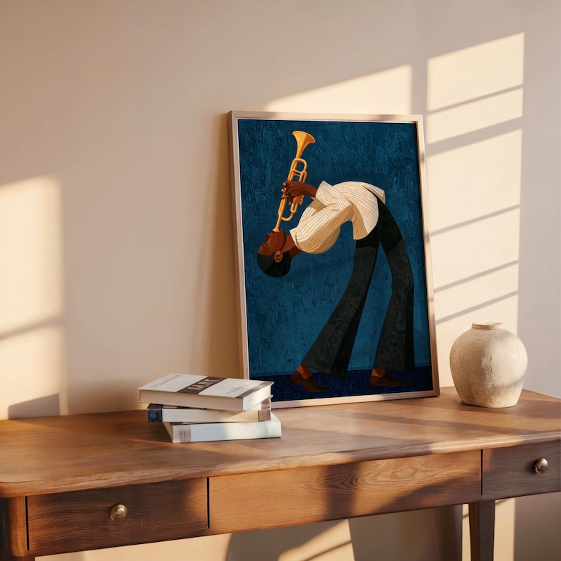 Jazz Trumpet Player Print, Retro African American Musician Wall Art, Afrocentric Mid Century Modern Decor, Moody Black Culture Painting
