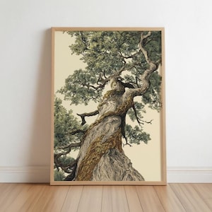 May include: A framed print of a detailed tree illustration. The artwork depicts a large tree with a textured trunk and green foliage, set against a cream-colored background. The frame is a light wood color, and the image is displayed on a wooden floor.