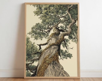 May include: A framed print of a detailed tree illustration. The artwork depicts a large tree with a textured trunk and green foliage, set against a cream-colored background. The frame is a light wood color, and the image is displayed on a wooden floor.