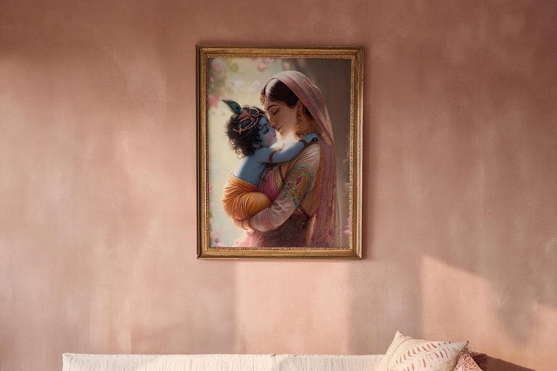 a framed painting of a woman embracing a child, with the woman appearing to be a mother and the child being Krishna, a Hindu deity.