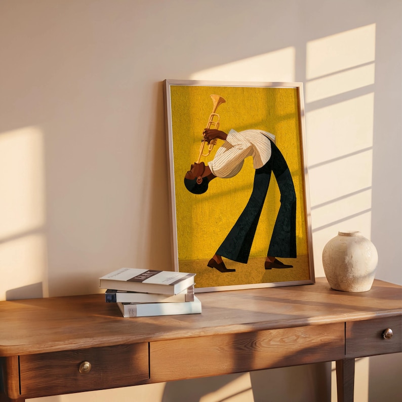Jazz Trumpet Player Print, Retro African American Musician Wall Art, Afrocentric Mid Century Modern Decor, Moody Black Culture Painting