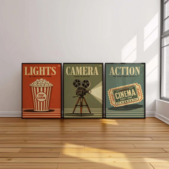 Cinema Wall Art Set of 3, Retro Movie Poster Triptych, Vintage Film Decor, Classic Theater Room Prints, Mid Century Home Theater Posters