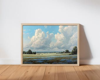 Texas Bluebonnet Landschaft, Ölgemälde aus den Hügeln der USA, Wildblumenwiesen-Poster, Ländlicher Landschaftsdruck, Rustikale Wohndekoration, Kunst