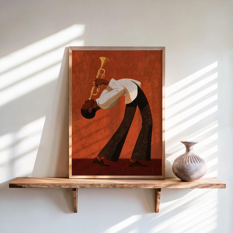 Jazz Trumpet Player Print, Retro African American Musician Wall Art, Afrocentric Mid Century Modern Decor, Moody Black Culture Painting