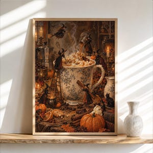 Halloween-häxa med kaffe, häxor som gör pumpakryddalatte, vintage höstkökstavla, läskig skördekor