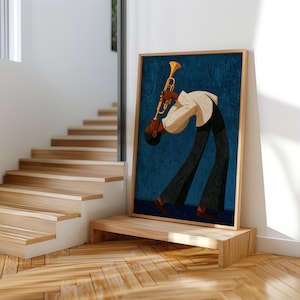 Jazz Trumpet Player Print, Retro African American Musician Wall Art, Afrocentric Mid Century Modern Decor, Moody Black Culture Painting