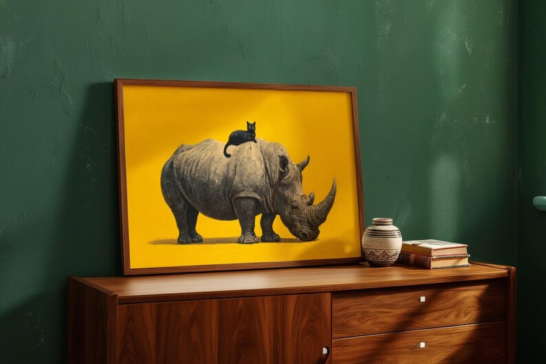 May include: A rectangular framed wall art print featuring a grey rhinoceros standing on a solid yellow background with a small black cat sitting on its back. The artwork is displayed in a simple brown wooden frame, showcasing a high-contrast design.