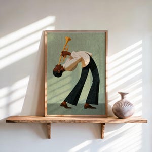 Jazz Trumpet Player Print, Retro African American Musician Wall Art, Afrocentric Mid Century Modern Decor, Moody Black Culture Painting