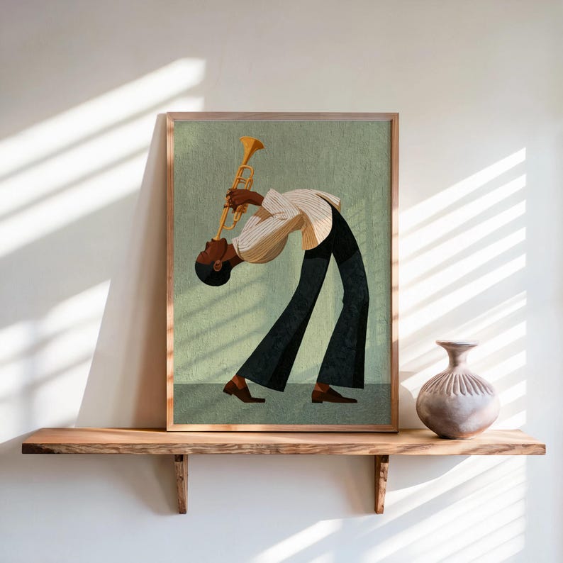 Jazz Trumpet Player Print, Retro African American Musician Wall Art, Afrocentric Mid Century Modern Decor, Moody Black Culture Painting