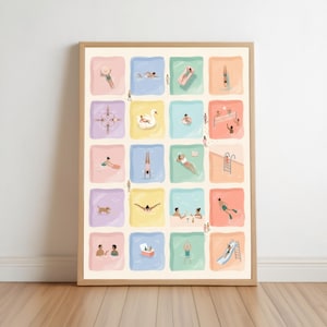 May include: A framed art print featuring a grid of twenty colorful squares, each depicting various swimming pool activities including people swimming, diving, playing volleyball, using pool floats, and relaxing in the water with drinks.