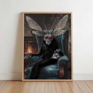Mothman Drinking Tea Wall Art, Gothic Victorian Monster Print, Dark Academia Cryptid Poster, Moody Moth Painting, Cryptidcore Home Decor