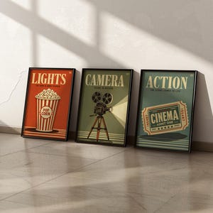 Cinema Wall Art Set of 3, Retro Movie Poster Triptych, Vintage Film Decor, Classic Theater Room Prints, Mid Century Home Theater Posters