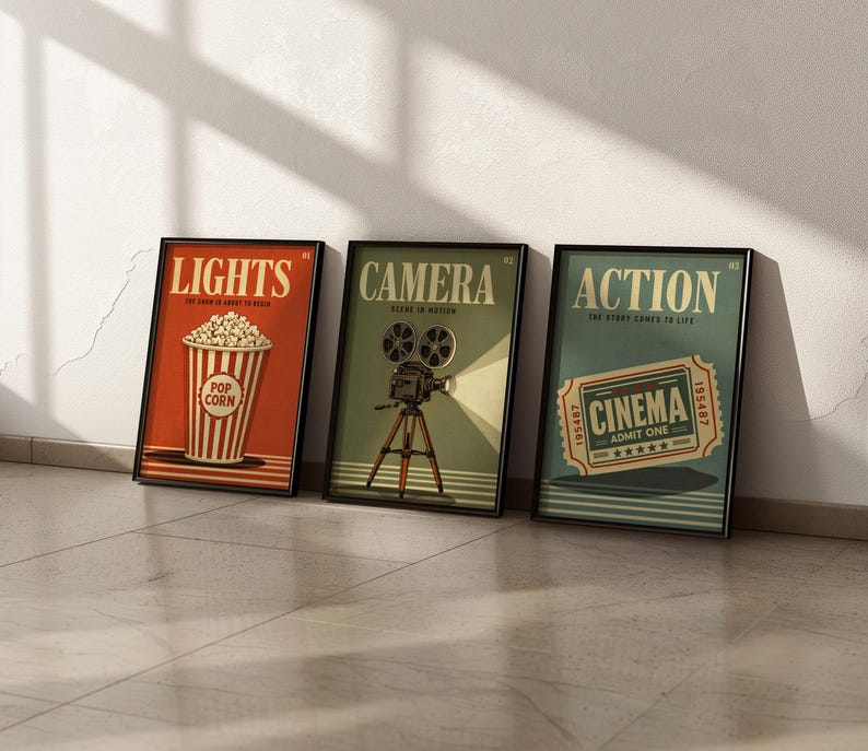 Cinema Wall Art Set of 3, Retro Movie Poster Triptych, Vintage Film Decor, Classic Theater Room Prints, Mid Century Home Theater Posters
