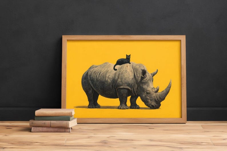 May include: A framed rectangular print featuring a detailed illustration of a large gray rhinoceros standing on a solid bright yellow background. A small black cat is perched on the back of the rhinoceros. The frame is made of light-colored wood.