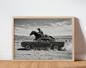 Cowboy vs Car Print, Wide Classic Car Wall Art, Black and White Western Poster, Horizontal Southwestern Man Cave Decor, Vintage Racing