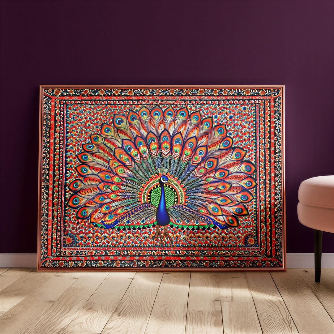 Madhubani Peacock Indian Painting Print | Vibrant Mandala Folk Wall Art ...