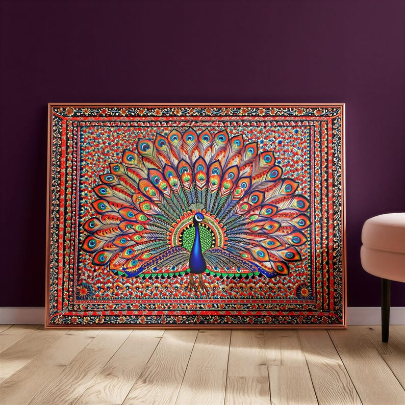 Madhubani Peacock Indian Painting Print | Vibrant Mandala Folk Wall Art ...