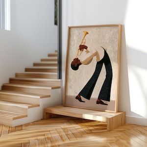 Jazz Trumpet Player Print, Retro African American Musician Wall Art, Afrocentric Mid Century Modern Decor, Moody Black Culture Painting
