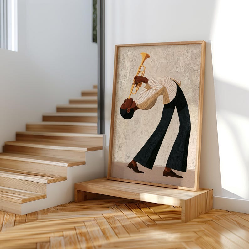 Jazz Trumpet Player Print, Retro African American Musician Wall Art, Afrocentric Mid Century Modern Decor, Moody Black Culture Painting