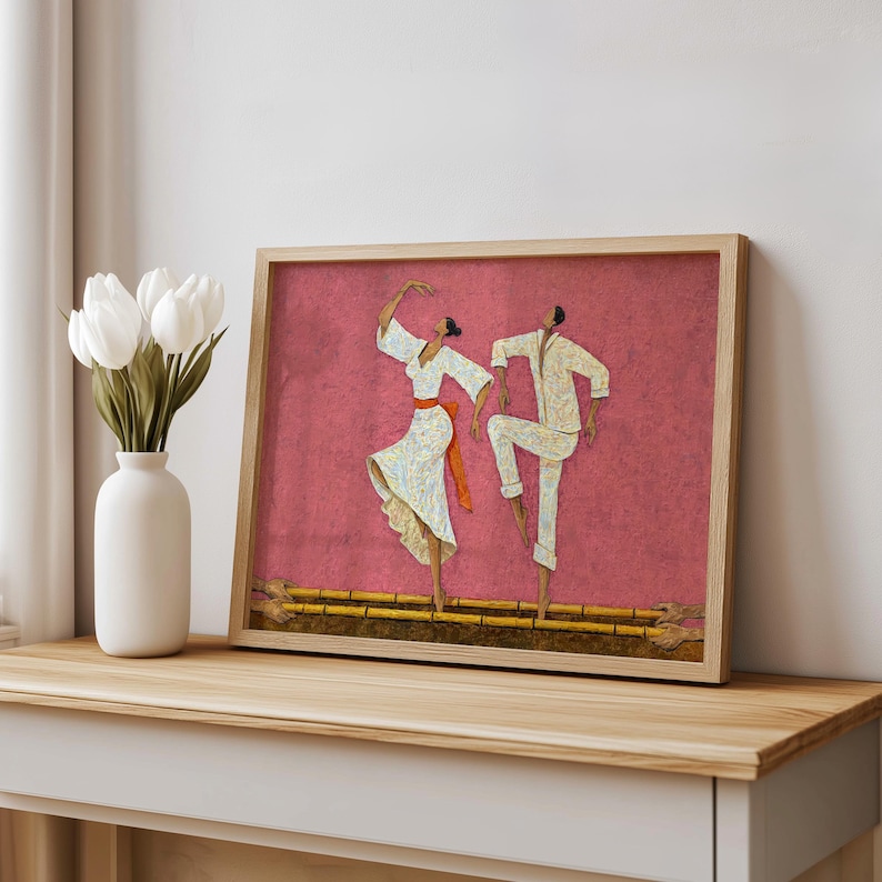 Dusty rose Filipino Tinikling Art Print on console, framed styling with white vase, Filipina dancer highlighted