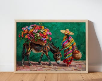 Mexican Floral Donkey Wall Art, Latina Flower Market Folk Art, Vibrant Cultural Serape Print, Mexico Decor, Colorful Latin American Painting