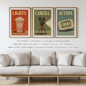 Cinema Wall Art Set of 3, Retro Movie Poster Triptych, Vintage Film Decor, Classic Theater Room Prints, Mid Century Home Theater Posters